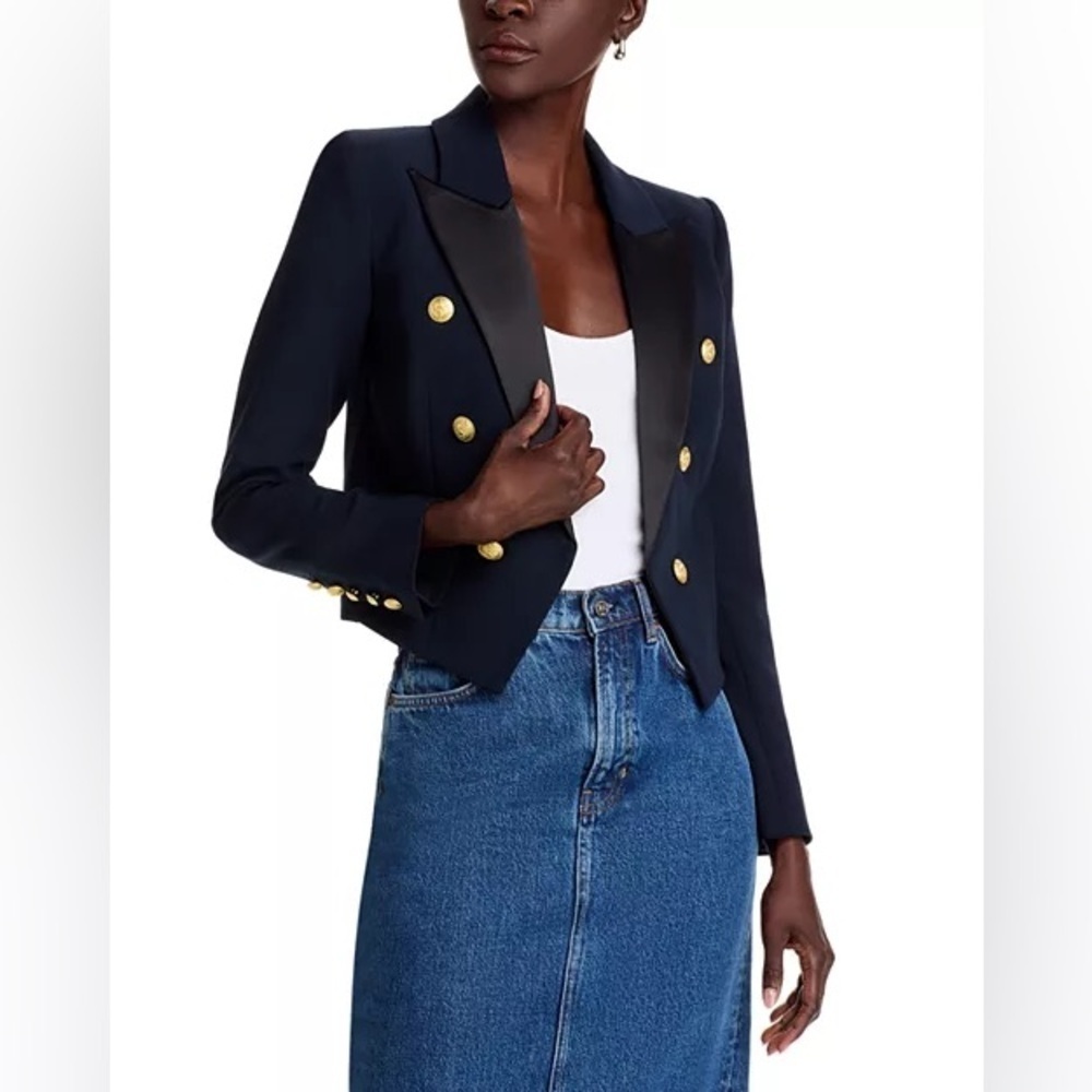 L'AGENCE $650 Navy and Black Cropped Button Detail Lila Blazer Size 0 NWT - Picture 4 of 13